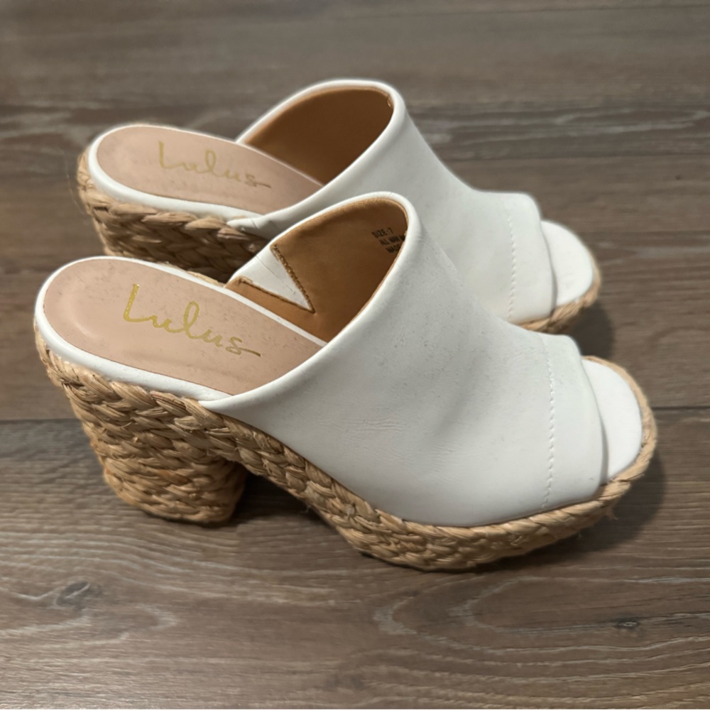 Lulu's White and Tan Mules with Woven Wedge (ONLY WORN ONCE!)